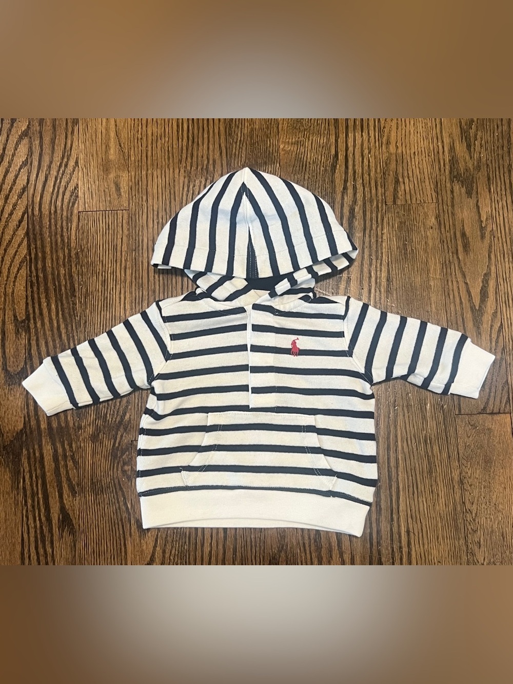 Ralph Lauren White & Navy Striped Hooded Pullover with Pink Pony